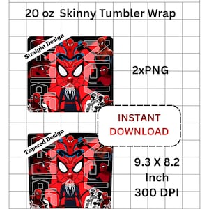 Puede incluir: Dise&ntilde;o digital para un envoltorio de vaso delgado de 20 oz con un tema de Spider-Man rojo y negro. El dise&ntilde;o incluye el texto "Straight Design" y "Tapered Design", junto con las dimensiones 23,6 x 20,8 cm y 300 DPI. Tambi&eacute;n est&aacute; presente el texto "Descarga instant&aacute;nea".