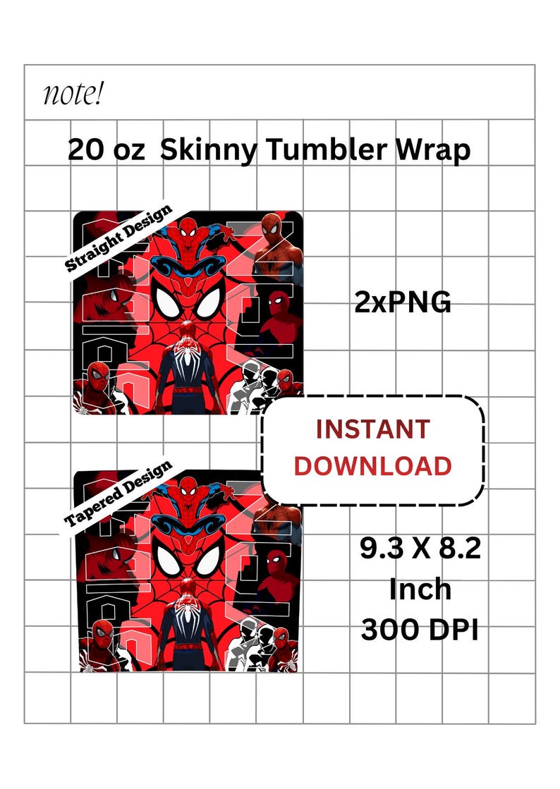 Puede incluir: Dise&ntilde;o digital para un envoltorio de vaso delgado de 20 oz con un tema de Spider-Man rojo y negro. El dise&ntilde;o incluye el texto "Straight Design" y "Tapered Design", junto con las dimensiones 23,6 x 20,8 cm y 300 DPI. Tambi&eacute;n est&aacute; presente el texto "Descarga instant&aacute;nea".