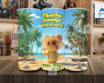 20oz Pikachu Tumbler Wrap, 20oz Pikachu Skinny Tumbler Sublimation Design, Cartoon Characters PNG, Pikachu Summer Vacation(Digital Download)