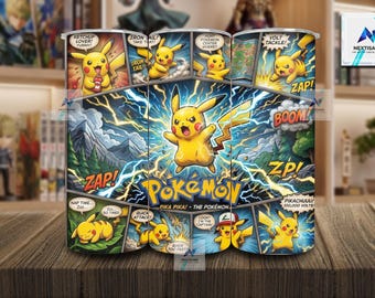 20oz Pikachu Tumbler Wrap, 20oz Pikachu Skinny Tumbler Sublimation Design, Cartoon Characters PNG, Tumbler Wrap PNG 2D, 3D, Digital Download