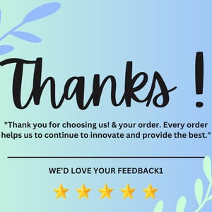 Puede incluir: Gr&aacute;fico digital con un fondo degradado azul y verde. La palabra "&iexcl;Gracias!" est&aacute; escrita en cursiva negra grande. El texto "&iexcl;Gracias por elegirnos! & su pedido..." est&aacute; debajo. Tambi&eacute;n hay un logotipo y cinco estrellas doradas.