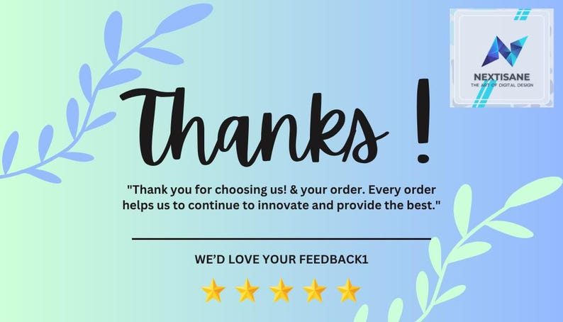 Puede incluir: Gr&aacute;fico digital con un fondo degradado azul y verde. La palabra "&iexcl;Gracias!" est&aacute; escrita en cursiva negra grande. El texto "&iexcl;Gracias por elegirnos! & su pedido..." est&aacute; debajo. Tambi&eacute;n hay un logotipo y cinco estrellas doradas.