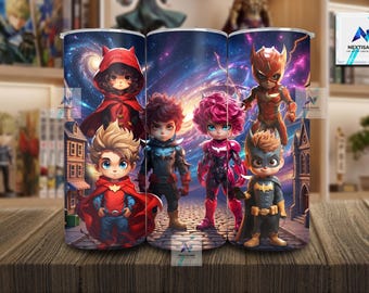 Superhero Squad Tumbler Wrap PNG, Chibi Comic Heroes, 20oz Sublimation Design (Digital Download)