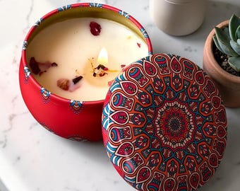 Set di 4 candele profumate Mandala in cera di soia, confezione regalo per aromaterapia, lavanda e rosa, decorazioni per la casa, relax, regalo per lei.