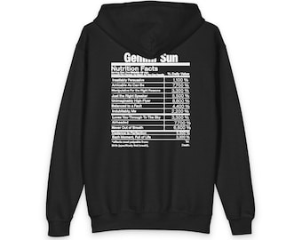 Gemini Sun Nutrition Facts-hoodie met witte tekst | Jeugdhoodie met rits, afbeelding op voedingslabel en zonopschrift