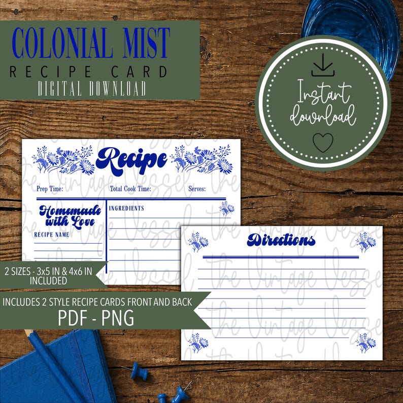 Printable Mist Card Colonial Mist Recipe Cards | Vintage Pyrex Inspired Kitchen Printables ...