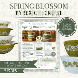 May include: A digital print featuring a Pyrex checklist with the text "Spring Blossom Pyrex." The design includes images of Pyrex bowls with a floral pattern in shades of green and white. The print is available as a printable PNG and PDF.