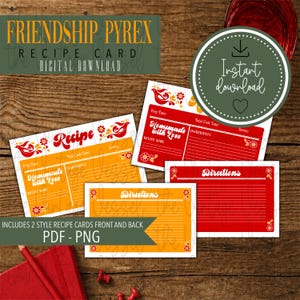 Friendship Pyrex Recipe Cards Printable | Vintage Pyrex Inspired Recipe Card Set | Retro Kitchen Recipe Cards | PDF PNG Download |Friendship