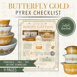 Puede incluir: Una descarga digital con una lista de verificación para Butterfly Gold Pyrex. La imagen incluye una pila de cuencos Pyrex con un diseño floral en oro y blanco, y el texto "Butterfly Gold Pyrex Checklist".