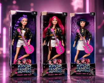 KPop Demon Hunters Doll Set — Rumi Mira Zoey Anime Collectible Dolls, K-Pop Gift for Girls, Idol Figures with Guitar, K-Pop Merchandise