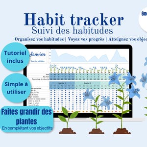 Op de afbeelding: Een digitale gewoonte-tracker voor Google Sheets weergegeven op een laptopscherm. De interface bevat een maandkalender, voortgangsgrafieken en een plantenthema waarbij het voltooien van taken helpt om virtuele bloemen te laten groeien.