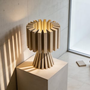 May include: A contemporary wooden table lamp in beige, featuring a cylindrical shade made of vertical slats. The lamp is placed on a square pedestal, emitting a warm light. The design is minimalist, suitable for modern home decor.