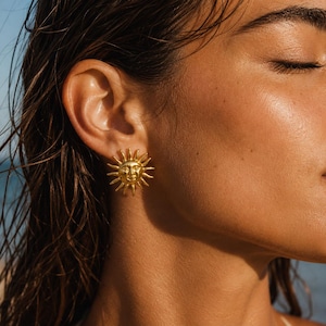 Gold Sun Earrings, Celestial Statement Earrings, Waterproof Tarnish-Free Earrings, Stainless Steel Sun Studs, Summer Jewelry