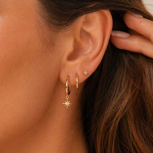 Star Ear Stack Set of 3 • Waterproof Earring Set • North Star Hoop • 18K Gold Plated & Silver • Lobe Piercing Gift for Her