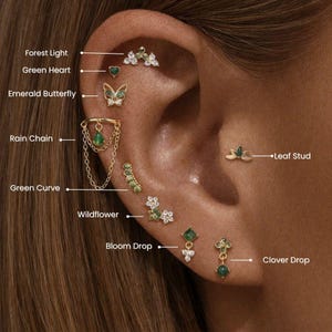 Può includere: Una collezione di orecchini dorati con pietre preziose verdi e trasparenti, tra cui farfalle, cuori e motivi floreali. L'immagine presenta anche un orecchino a catena e un orecchino a forma di foglia. Etichette di testo identificano ogni stile.