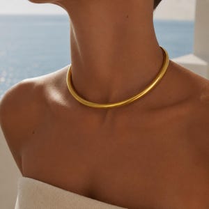 May include: A smooth, solid gold-toned choker necklace with a rounded, tubular design. The necklace sits closely around the neck, featuring a polished, reflective surface that catches the light, creating a clean and simple circular silhouette.