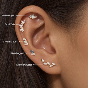 Peut inclure: Cinq piercings d'oreille dorés étiquetés Aurora Opal, Opal Tide, Crystal Cove, Blue Lagoon et Marina Crystal. Les bijoux présentent des opales blanches, des cristaux clairs et un cristal bleu, taillés en marquise et disposés en grappes.