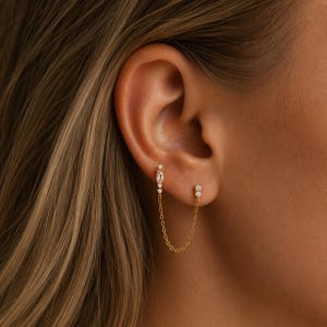 Peut inclure: Boucles d'oreilles dorées avec une chaîne reliant deux parties. L'une présente un groupe de petits pierres précieuses transparentes, l'autre une seule pierre ronde. Les boucles d'oreilles sont portées sur une oreille.
