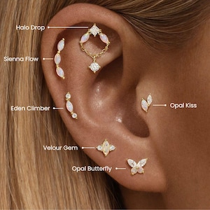 Peut inclure: Gros plan sur une oreille ornée de plusieurs boucles d'oreilles dorées avec des accents d'opale et de diamants. Les boucles d'oreilles comprennent un modèle pendant, un grimpeur, un papillon et d'autres modèles uniques. Les noms des boucles d'oreilles sont indiqués.