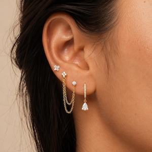 Ear Stack Set of 3 • Gold Ear Stack • Double Chain Earring Hoop Stud Set • Waterproof Stainless Steel •  Earring Set Gift for Her
