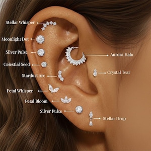 Peut inclure: Une collection de piercings d'oreille argentés avec des pierres claires, étiquetés Stellar Whisper, Moonlight Dot, Silver Pulse, Celestial Seed, Aurora Halo, Stardust Arc, Crystal Tear, Petal Whisper, Petal Bloom et Stellar Drop.