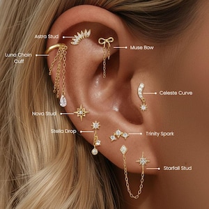 May include: An assortment of gold-colored earrings, including studs, hoops, and dangling styles. Designs include a starburst, a bow, and a chain. The earrings are displayed on an ear, showcasing various placements and styles.