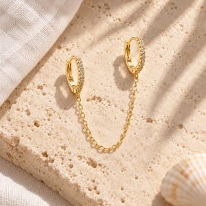 Gold Double Piercing Chain Earring, 925 Sterling Silver Pavé Huggie Hoops, Dainty Connected Earring for Two Holes, 1 Piece