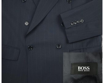 Boss Hugo Boss Suit Jacket Mens 40R Vtg Double Breasted Italian Wool Pinstripe