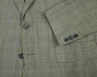 Vtg 70s Prince of Wales Check Tropical Wool Blend Bell Bottom Suit 42R/35R