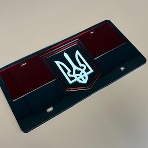 Ukraine Trident Acrylic License Plate – Laser Cut Red & Black Custom Car Tag – Ukrainian Emblem Auto Plate – Handmade