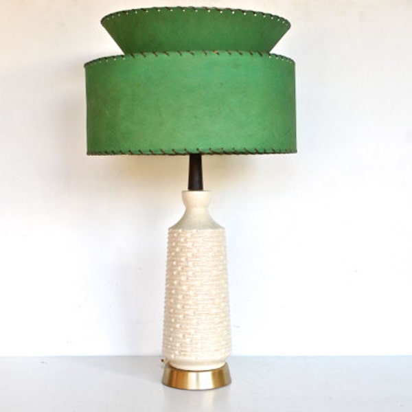 Mid Century Modern Lamp - Atomic Green Shade with Ivory and Brass Base