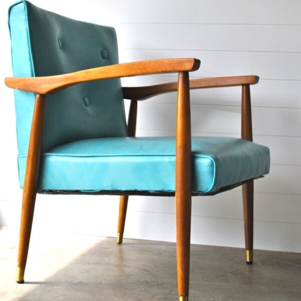 Teal aqua blue mid century armchair wood and vinyl