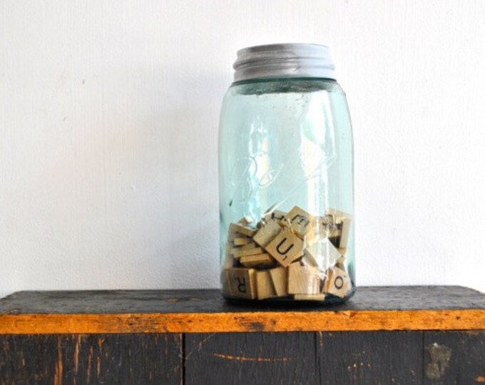 Aqua Ball Mason Jar Filled With Scrabble Tiles Etsy