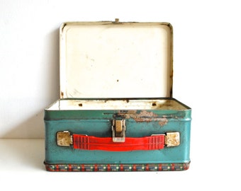 Vintage Metal Lunchbox - Red Plaid and Seafoam Green