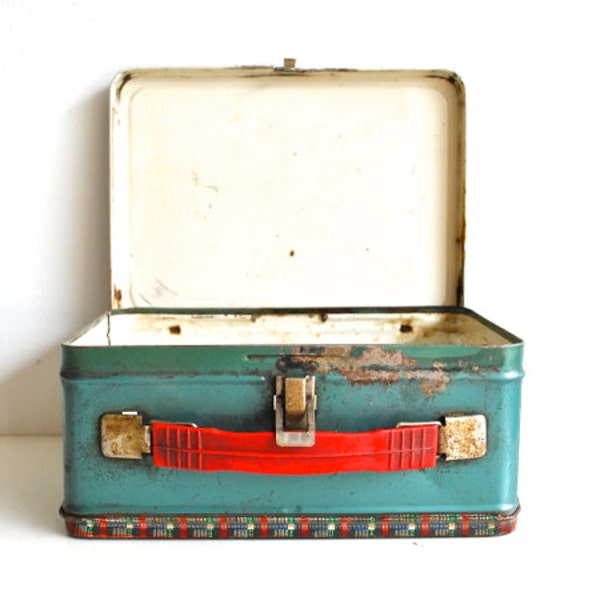 Vintage Metal Lunchbox - Red Plaid and Seafoam Green