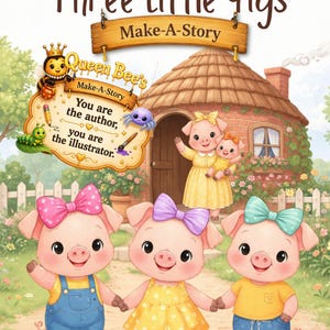 May include: A children's book cover titled "The Three Little Pigs: Make-A-Story." The illustration features three pigs holding hands, a house, and a pig holding two piglets. The text "You are the author, you are the illustrator" is visible.