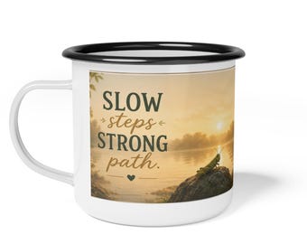 Slow Steps Strong Path enamel camp cup | Inspirational Turtle Nature Coffee Cup turtle sunrise nature camping mug
