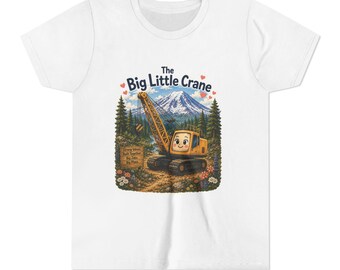 The Big Little Crane™ Big Hearts, Big Adventures Big Little Crane Youth Tee | Cute Construction Crane, Mountain Forest Illustration