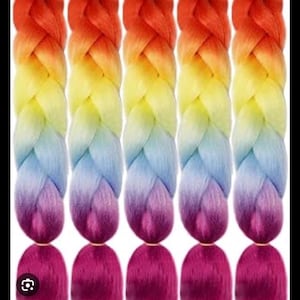 May include: Five rainbow-colored braiding hair extensions. Each braid transitions from red to orange, yellow, blue, and purple, ending in a deep magenta base. The braids are tightly woven and appear smooth.