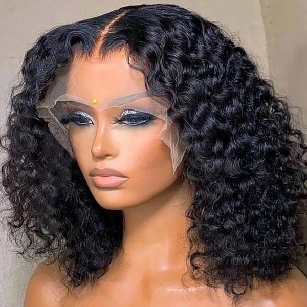 10 Inch Brazilian Human Hair Curly Wig, Natural Black Bob, HD Lace
