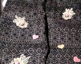 Repurposed Dark Brown Pants with Beige Design, Size 8 – Embroidered Flowers & Hearts