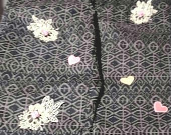 Repurposed Dark Brown Pants with Beige Design, Size 8 – Embroidered Flowers & Hearts