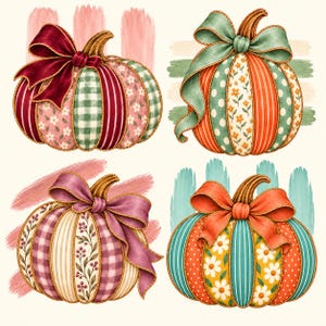 Paquete de imágenes PNG de calabazas otoñales estilo preppy a rayas, diseños otoñales con lazos florales, imágenes prediseñadas de calabazas coquetas, 4 archivos PNG