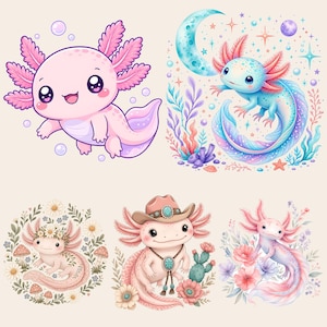 Pacchetto PNG di axolotl, clipart di axolotl carini, design di axolotl kawaii per sublimazione, PNG di axolotl cucciolo ad acquerello, design di axolotl per maglietta, arte per la cameretta