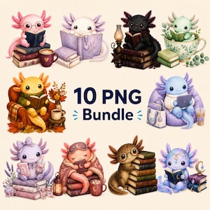May include: A digital collection of 10 PNG illustrations featuring cute axolotls in various settings, including reading books, sitting in teacups, relaxing in armchairs, and using tablets, with cozy accessories like lanterns, mugs, and stacks of books.
