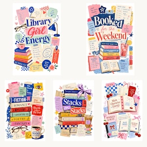 May include: A collection of five digital art prints featuring book-themed collages with stacks of colorful books, reading-related text like Library Girl Energy and Booked for the Weekend, coffee cups, eyeglasses, and decorative stationery elements.