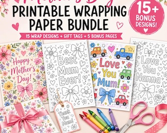 Mors dag utskrivbart presentpapper, målarbilder för barn, presentetiketter, mamma mormor mormor PDF