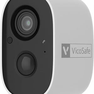 May include: A white, rectangular security camera with a black front panel. The camera features a lens, a button, and the "VicoSafe" logo. The device is designed for home or business surveillance.