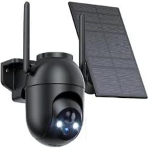 May include: Black security camera with two antennas and a solar panel. The camera has a rounded body with a lens and two LED lights. The solar panel is rectangular and angled, designed to capture sunlight for power.