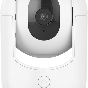May include: A white security camera with a black lens and a black base. The camera has a rounded design with a circular phone icon at the bottom. The camera lens is centered within a black oval.